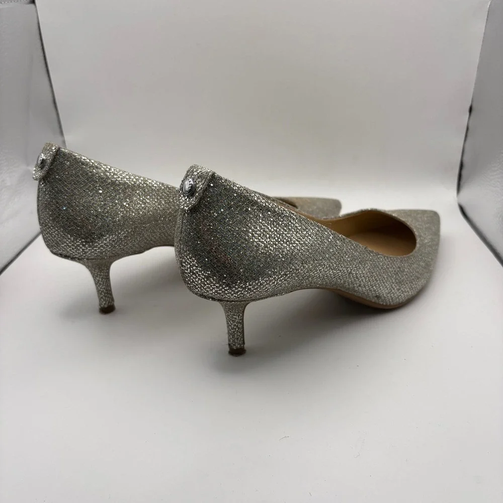 Michael Kors Silver Glitter Pointed Toe Kitten Heel Pumps Womens 8M